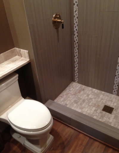 toilet next to grey shower newly remodeled